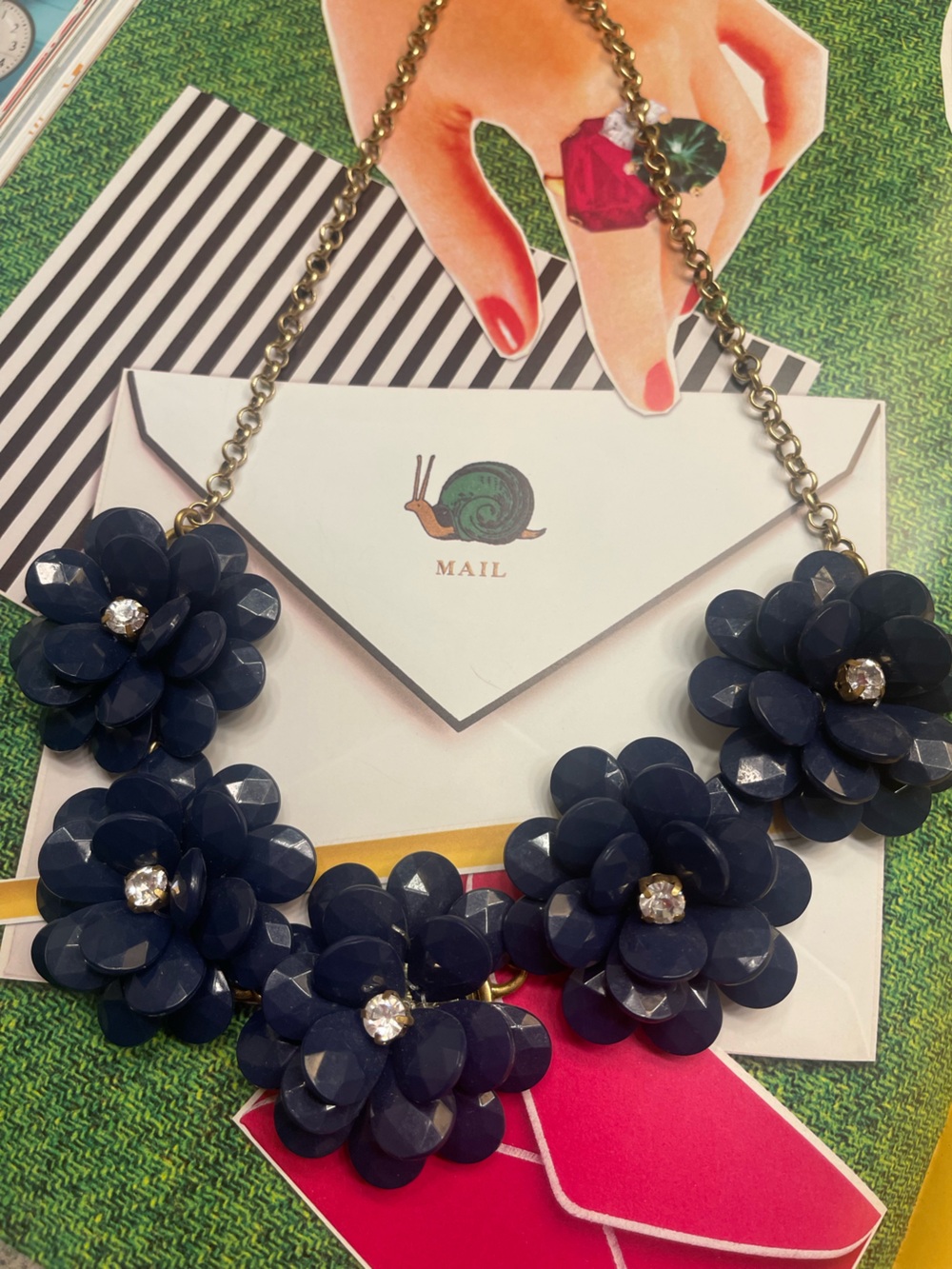 J. Crew Navy Floral Statement Necklace with Gold Chain